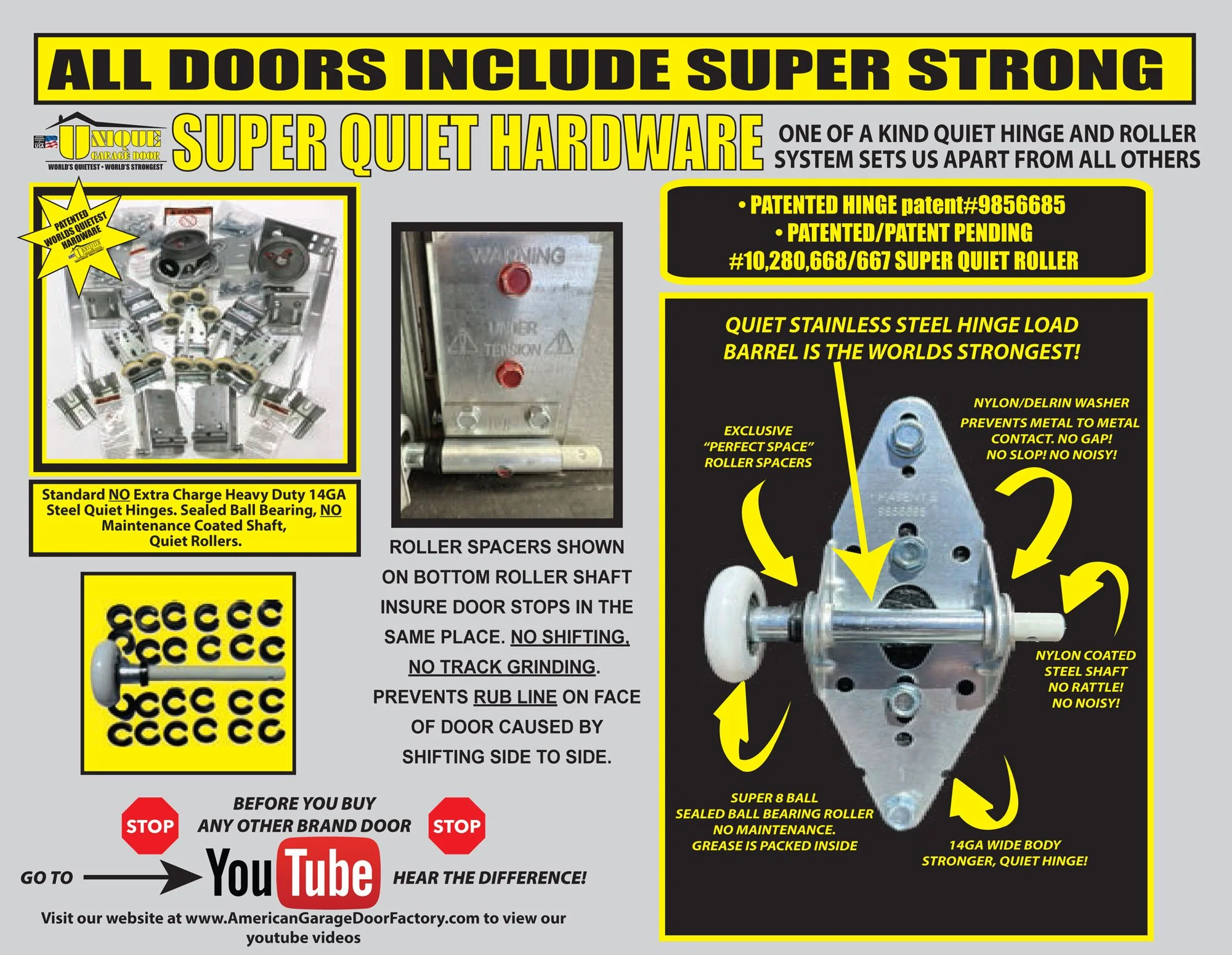 Advertisement for American Garage Door, highlighting their super strong, quiet, and durable garage door hardware including hinges, rollers, and hardware with features like patented hinges, stainless steel components, and sealed ball bearings.