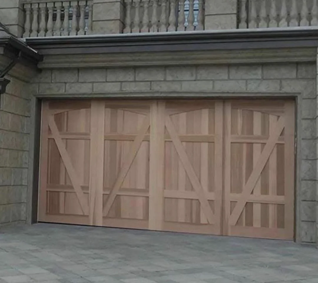 Wooden garage door with a geometric pattern, surrounded by stone wall and concrete driveway.