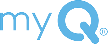 Logo of myQ, a home automation company, with the text 'myQ' and a stylized circle.