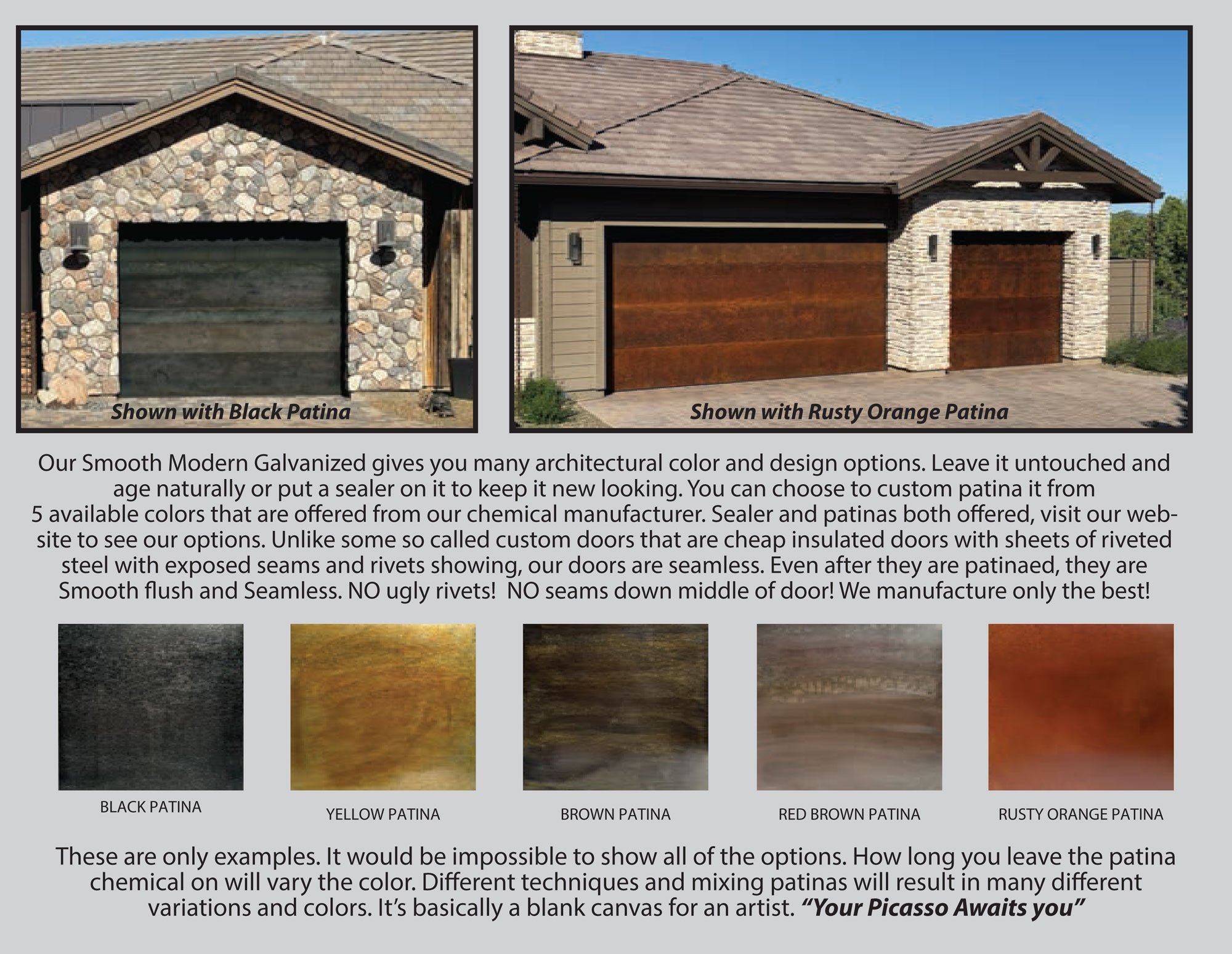 Comparison of two modern garage doors, on the left with black patina and on the right with rusty orange patina, with text explaining options and finishes for galvanized garage door coatings.