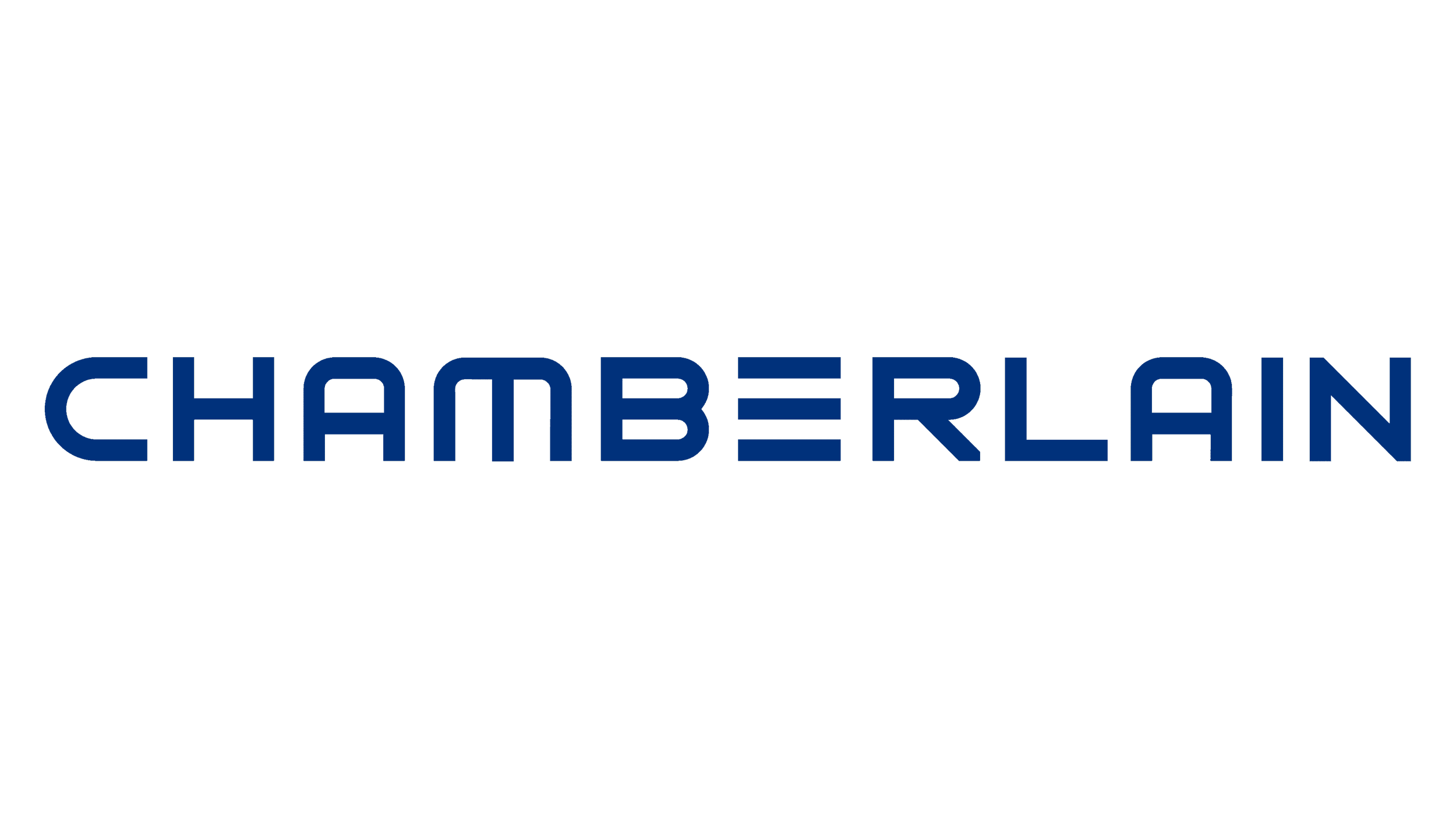 Chamberlain logo with a black background and blue text