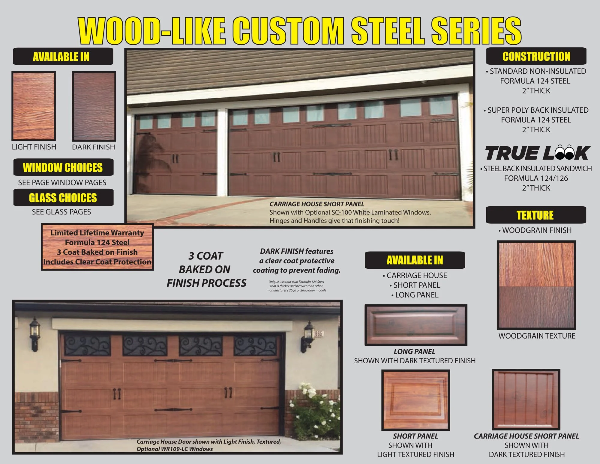 A garage door advertisement for wood-like custom steel series garage doors, showing color options, construction details, window and glass choices, texture, and available styles like carriage house, short panel, and long panel.