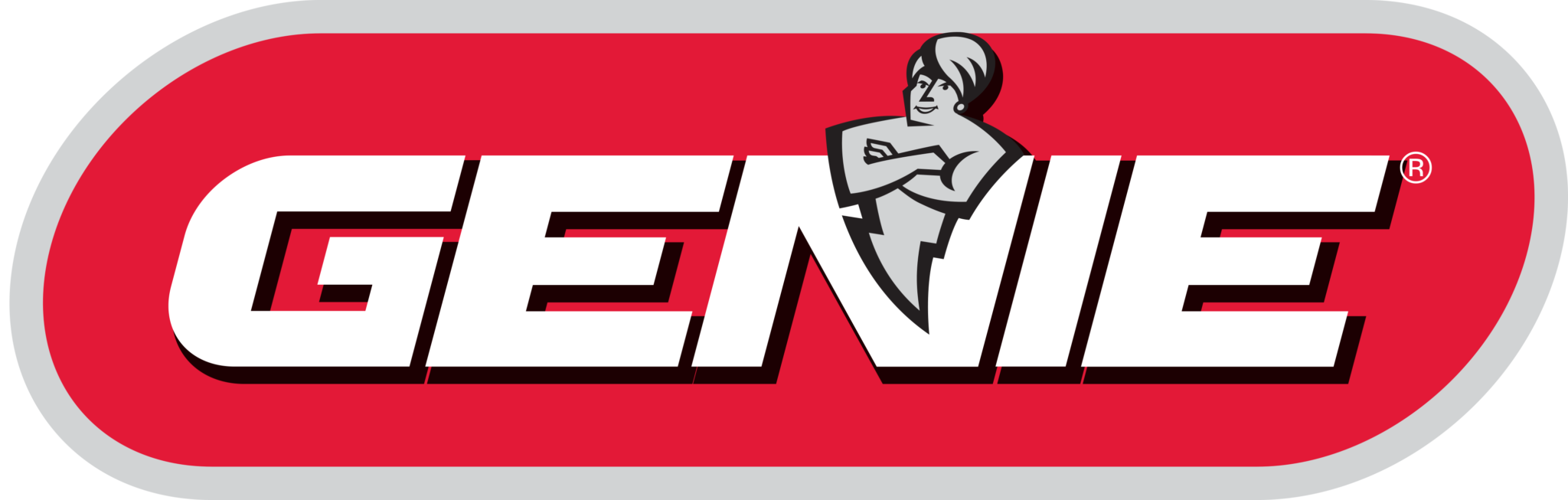 Grene logo with a red oval background, bold white letters, and a black and white illustration of a woman crossing her arms.