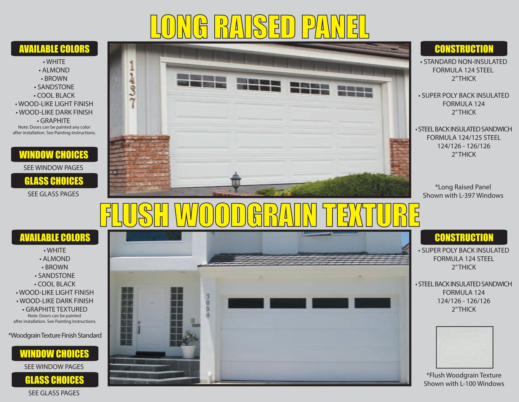 Comparison of two garage doors, the top labeled 'Long Raised Panel' with a white finish, and the bottom labeled 'Flush Woodgrain Texture' with a white finish, showcasing different styles and textures for garage doors.