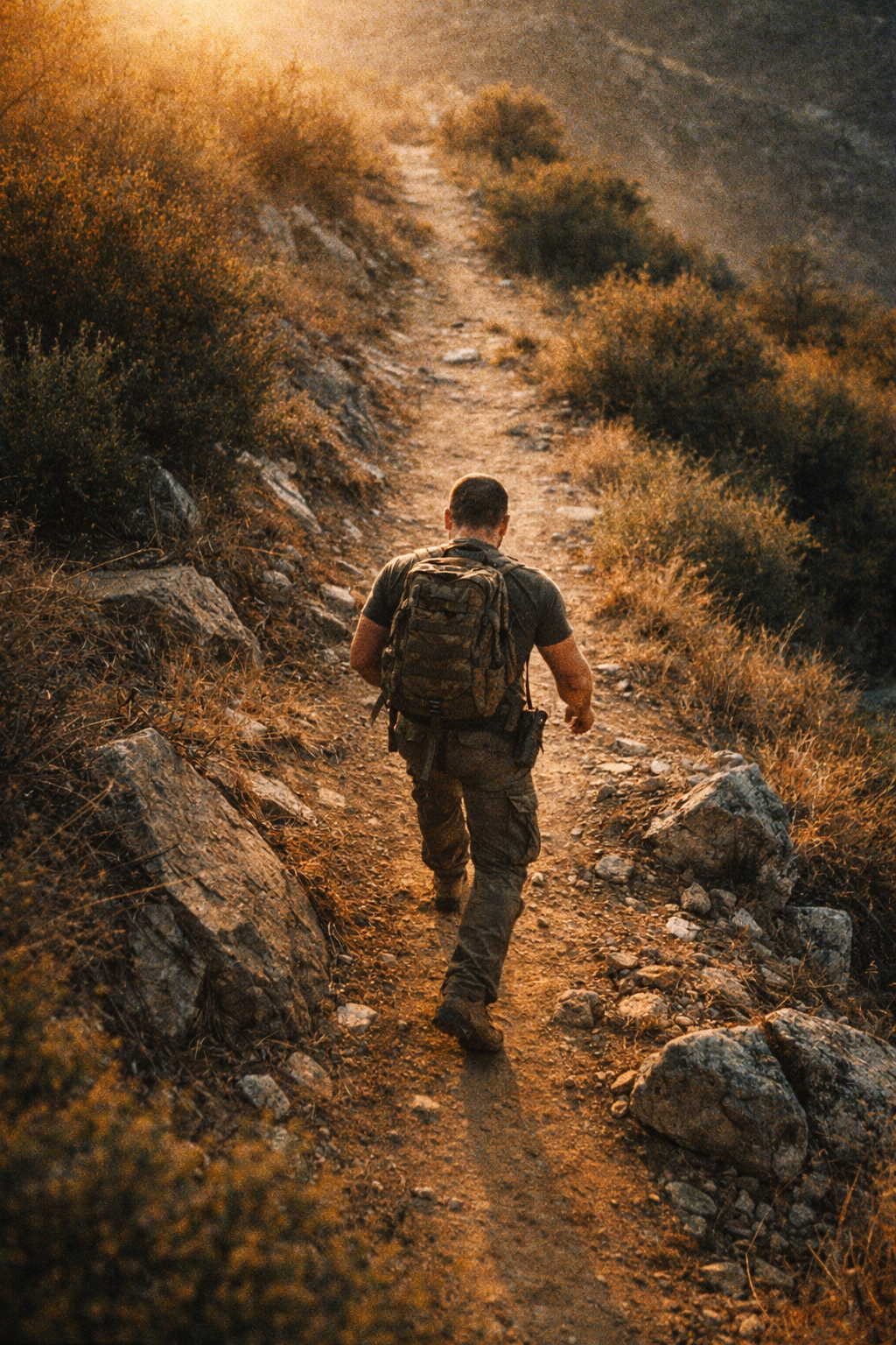 A person hiking on a rugged dirt trail surrounded by bushes and rocks during sunset.