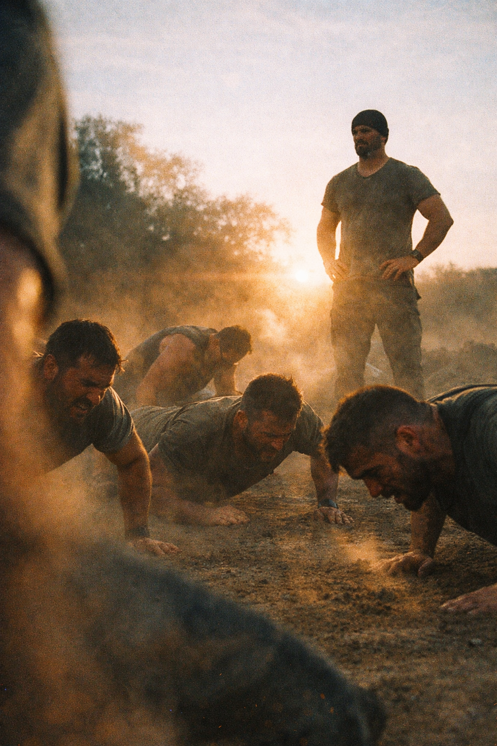 Group of men doing push-ups outdoors at sunset, with a man standing and observing nearby.