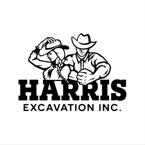 Logo for Harris Excavation Inc. featuring a man and woman in cowboy hats, with the woman touching her hat and the man adjusting his sleeve.