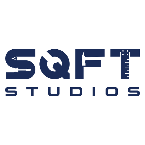 Logo for SQFT Studios featuring the text 'SQFT' with each letter designed using tools like a pen, wrench, sword, and ruler, and the word 'STUDIOS' below.
