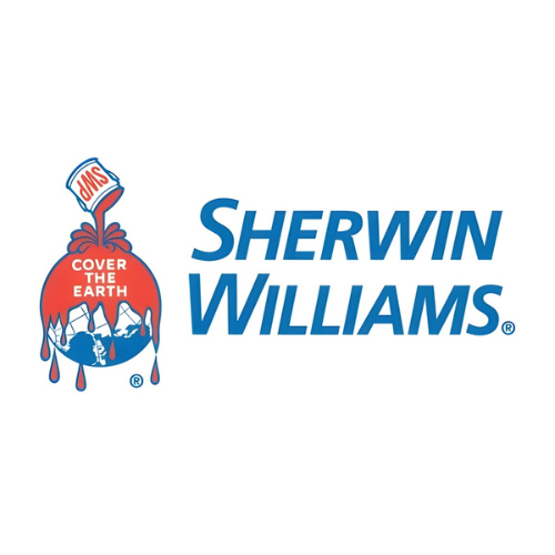 Sherwin Williams logo with a red paint can pouring paint over a globe map with mountains, and the phrase "Cover the Earth" written inside the paint.