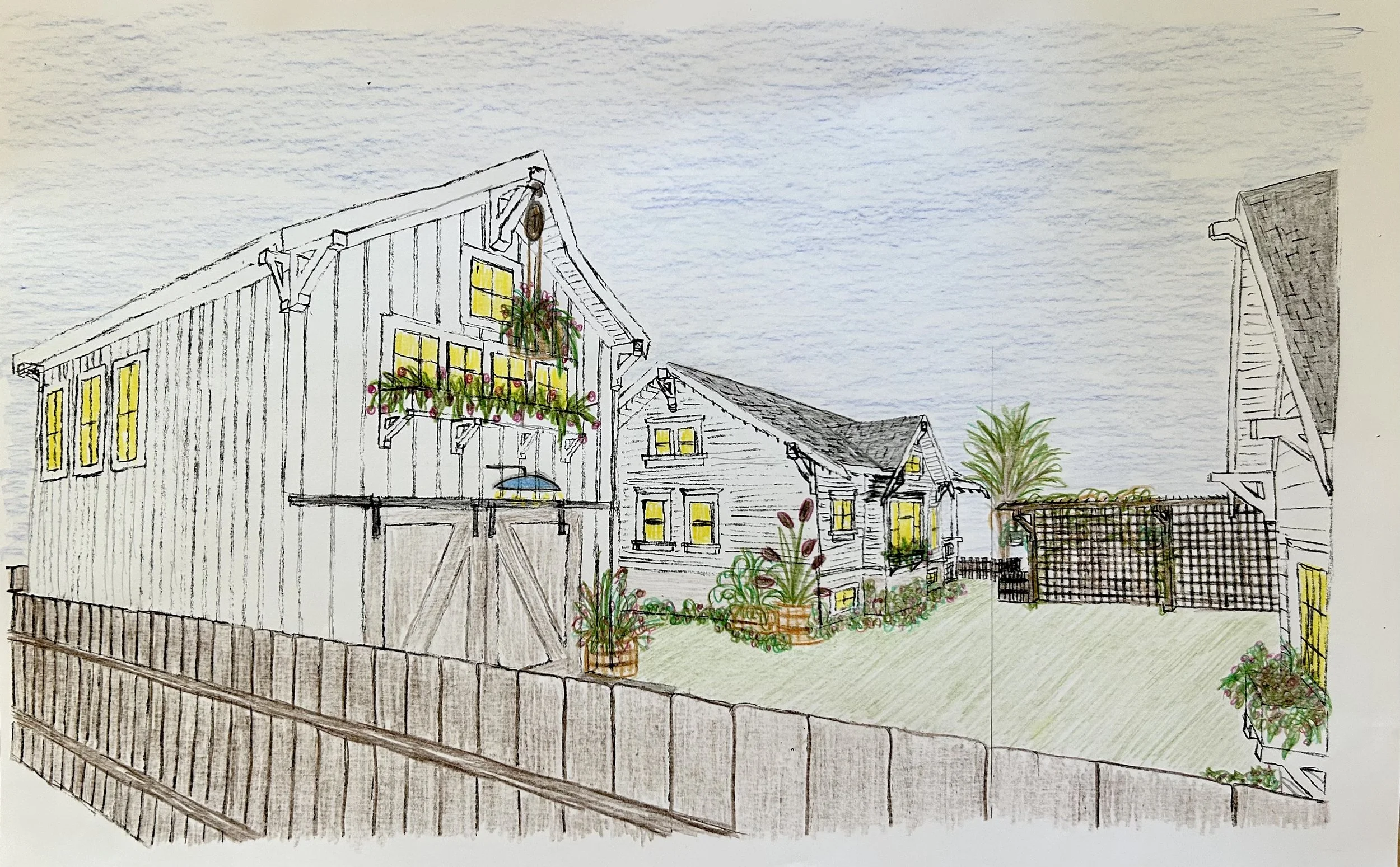 Colorful hand-drawn illustration of a backyard with three houses, yellow-lit windows, a garden with potted plants and flowers, a wooden fence, and a gate against a blue sky.
