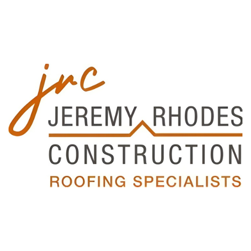 Logo for Jeremy Rhodes Construction with the tagline Roofing Specialists in orange.