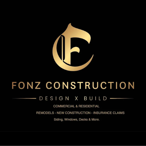 Logo for Fonz Construction with gold and black design, featuring a stylized 'F' and text about construction services, remodeling, new builds, and insurance claims.