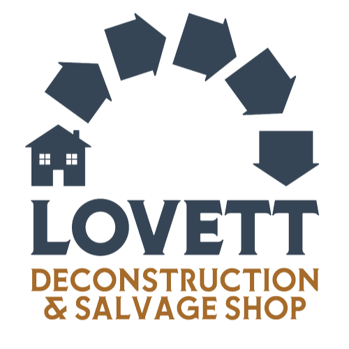 Logo for Lovett Deconstruction & Salvage Shop with a house icon and recycling arrows above the name.