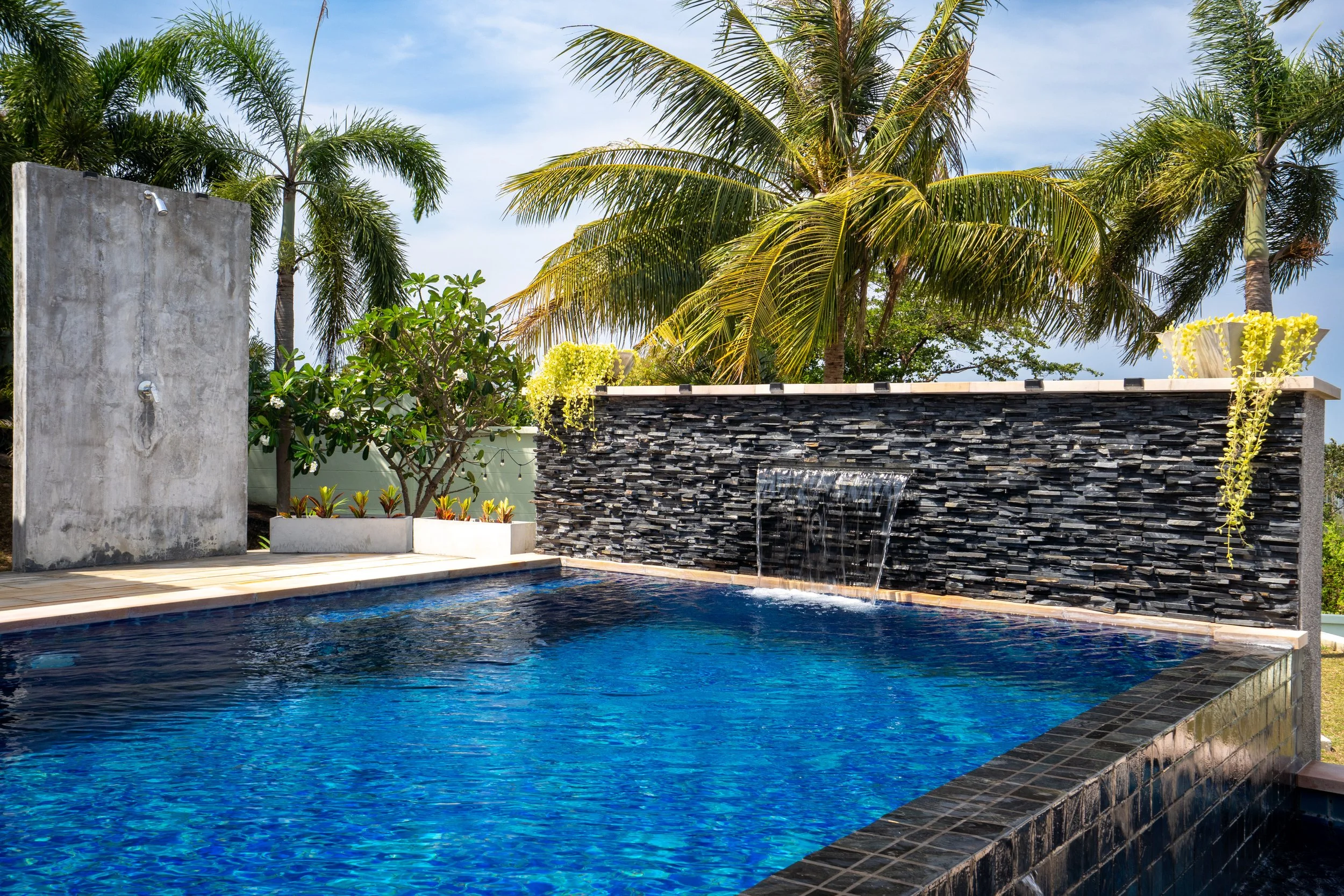 An outdoor swimming pool with a black tiled edge, a stone waterfall feature, palm trees, yellow plants, and a blue sky.