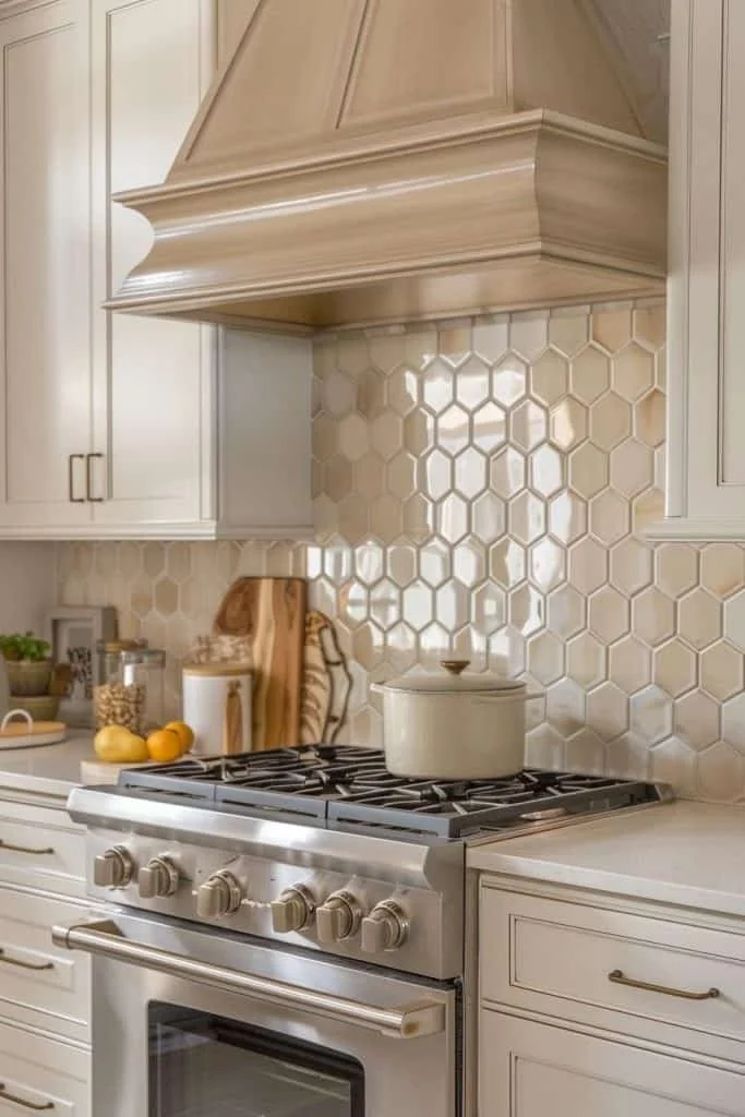 A modern kitchen with white cabinetry and a gas stove. There's a pot on the stove, a cutting board, lemons, and jars of grains or pasta on the counter. The background features a beige honeycomb tile backsplash, and a wooden paper towel holder is visible.