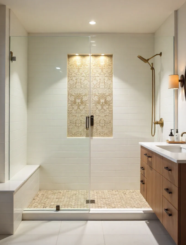 Modern bathroom with glass shower stall, built-in bench, wall-mounted shower head, wooden vanity with white countertop, and beige mosaic tile flooring.