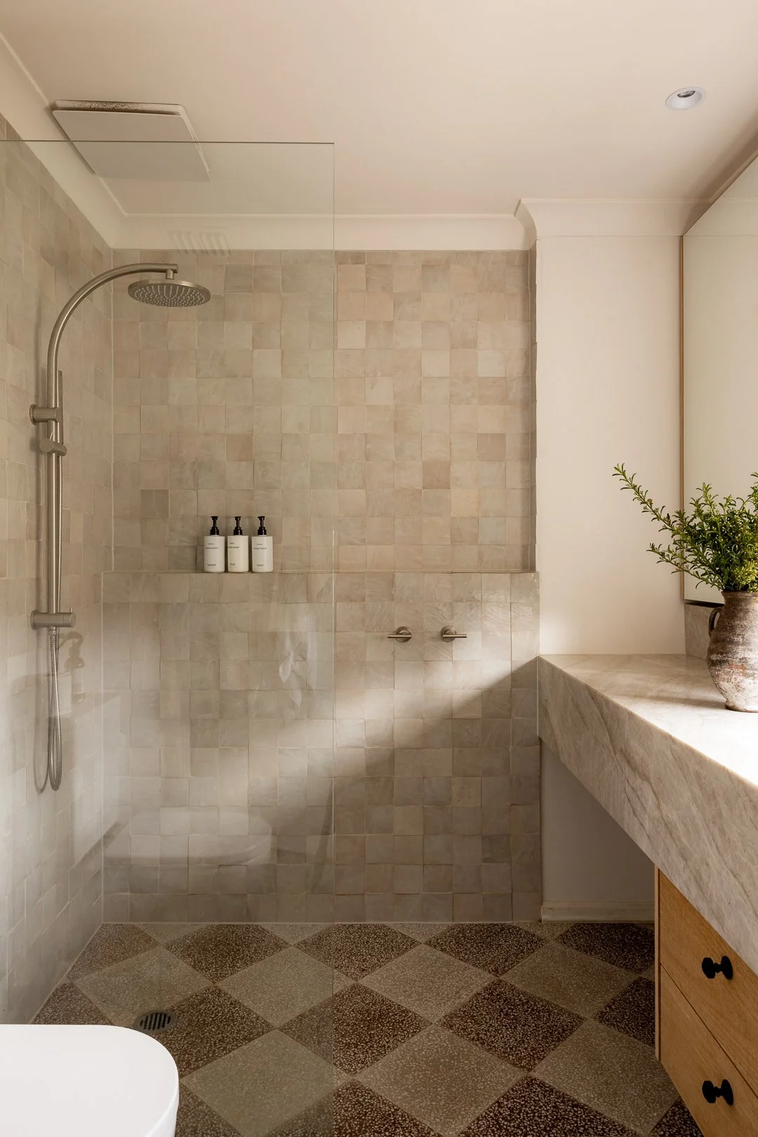 Modern bathroom with a walk-in shower enclosed by glass, a beige tiled wall, a potted plant on a beige marble counter, and a towel hook on the wall.