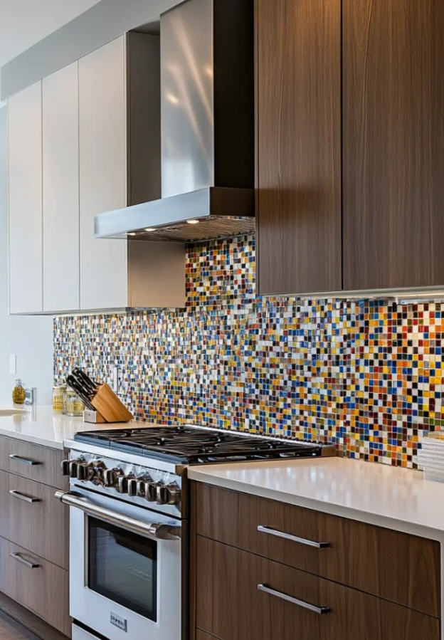 Modern kitchen with white and wood cabinets, colorful mosaic tile backsplash, stainless steel range hood, stove, and countertop with utensils and small decorative items.