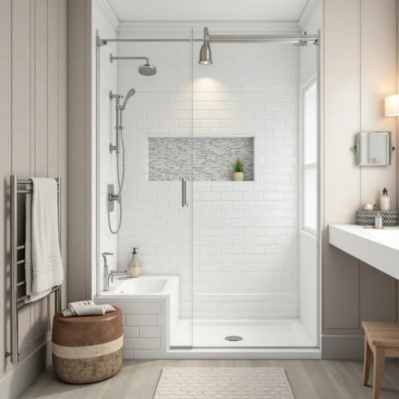 A modern bathroom with a glass-enclosed shower, built-in niche with a plant, white subway tiles, a bench, and a vanity with a mirror and light.