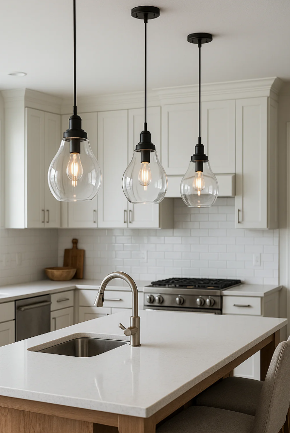 Modern kitchen with white cabinets, a white countertop island with a built-in sink, stainless steel oven, and three hanging pendant lights with clear glass shades over the island.
