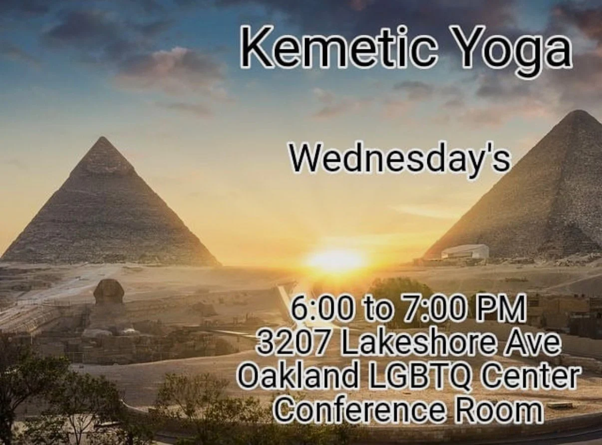 Flyer for a weekly Kemetic Yoga class featuring an image of the Sphinx and pyramids with location details for the Oakland LGBTQ Center, preserved as part of the Temple Memories archive.
