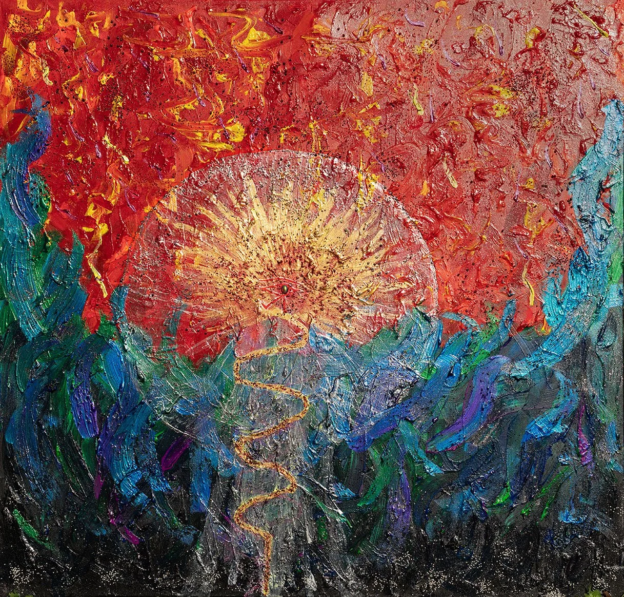 Close‑up portrait of a woman standing in front of a red and blue abstract painting.