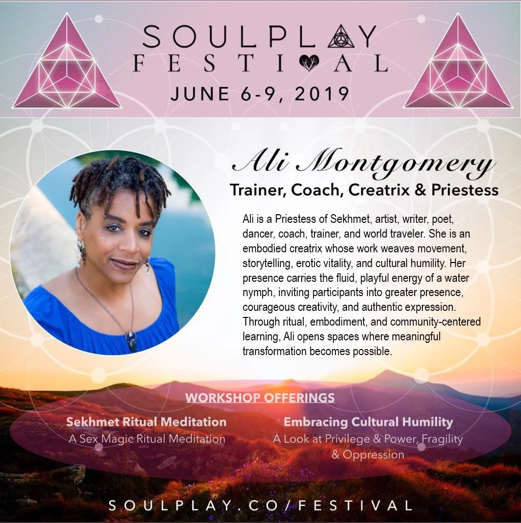 SoulPlay Festival poster featuring Ali Montgomery, Priestess of Sekhmet and embodied creatrix, offering a Sekhmet Ritual Meditation rooted in erotic vitality, devotion, and embodied ritual practice, preserved as part of the Temple Memories archive.