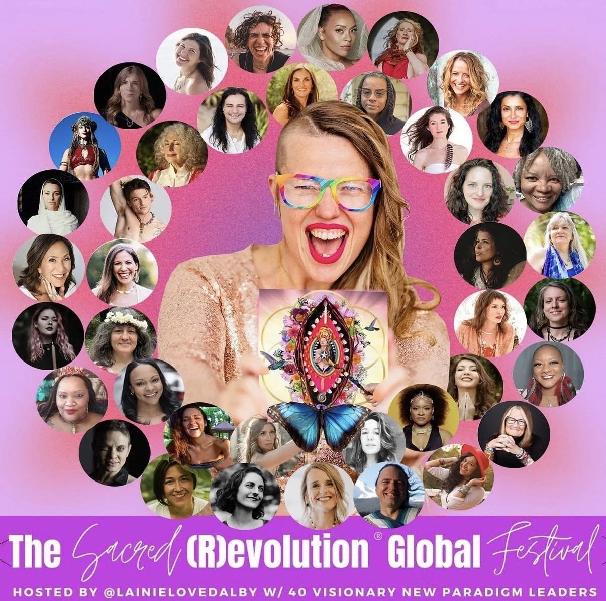Poster for The Sacred (R)evolution Global Festival, featuring Ali Montgomery among a circle of visionary leaders contributing to creative, embodied, and decolonized approaches to collective transformation. The design shows a central smiling figure ho
