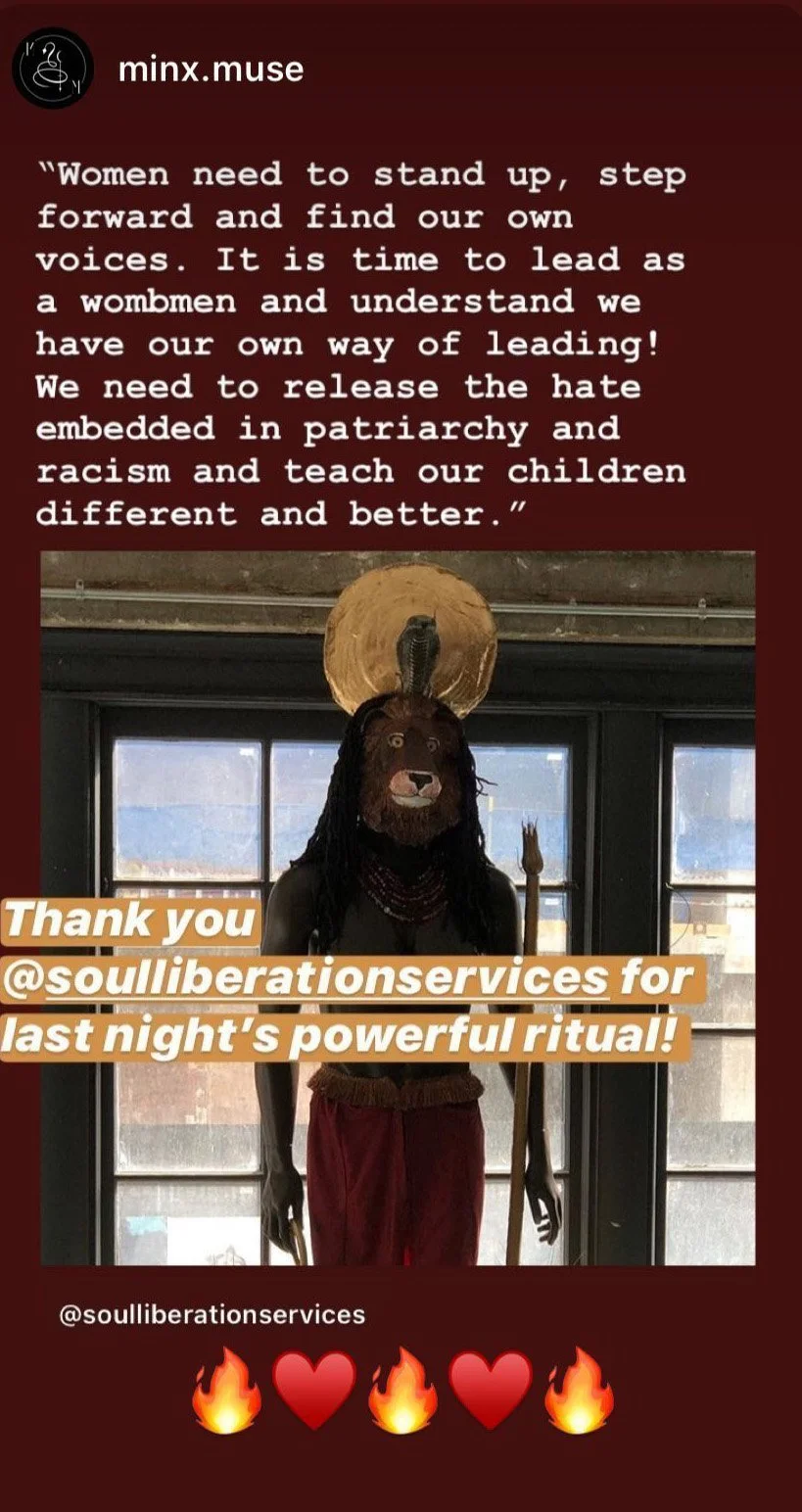 Post from Minx & Muse Austin thanking the Temple for bringing a Sekhmet Ritual Meditation to their community, featuring a lion‑headed statue with cobra and solar disc, part of the Sekhmet Temple Memories archive.