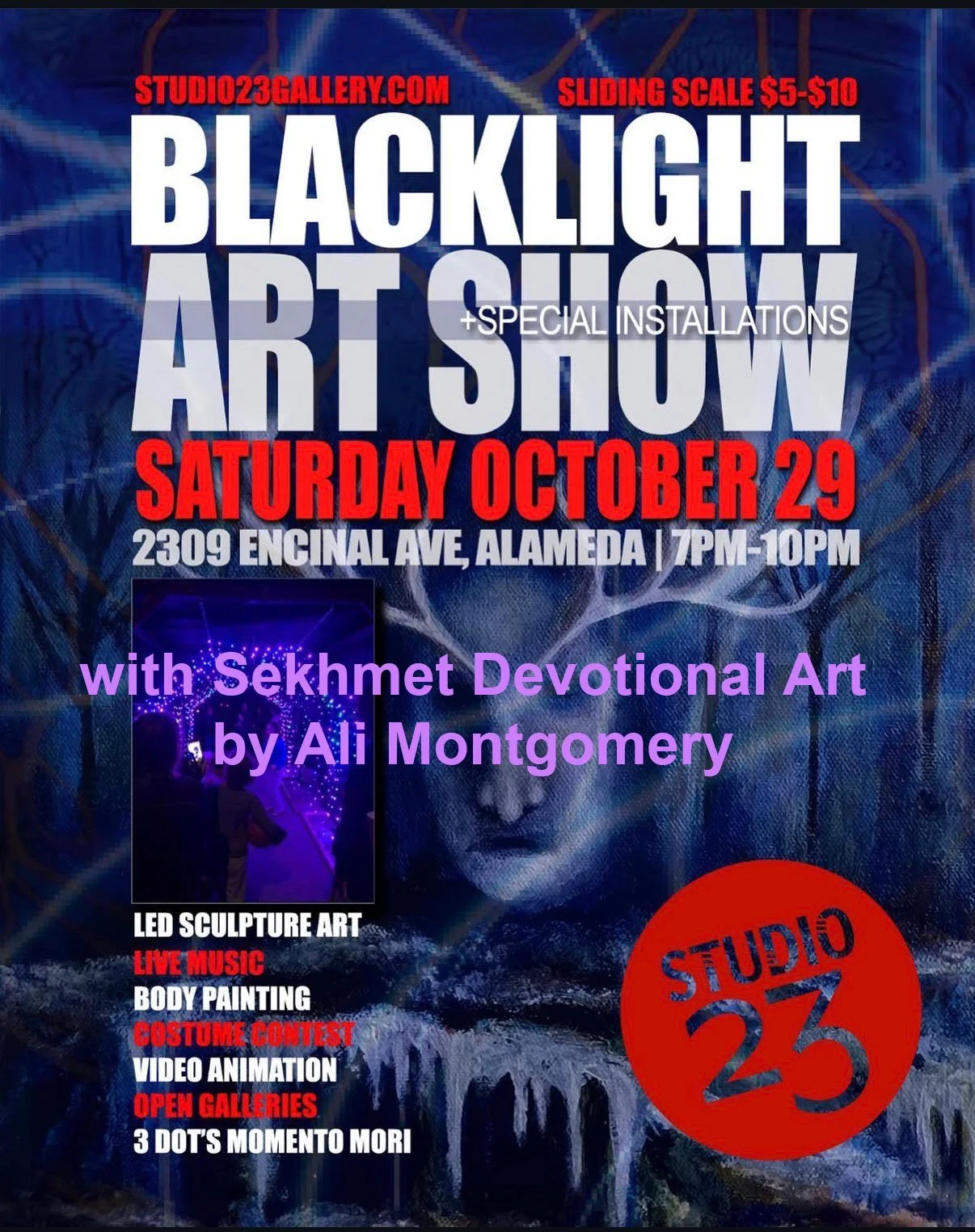 Poster for the Blacklight Art Show at Studio 23 Gallery in Alameda featuring Sekhmet devotional art by Priestess Ali Montgomery, part of the Sekhmet Temple Memories archive.