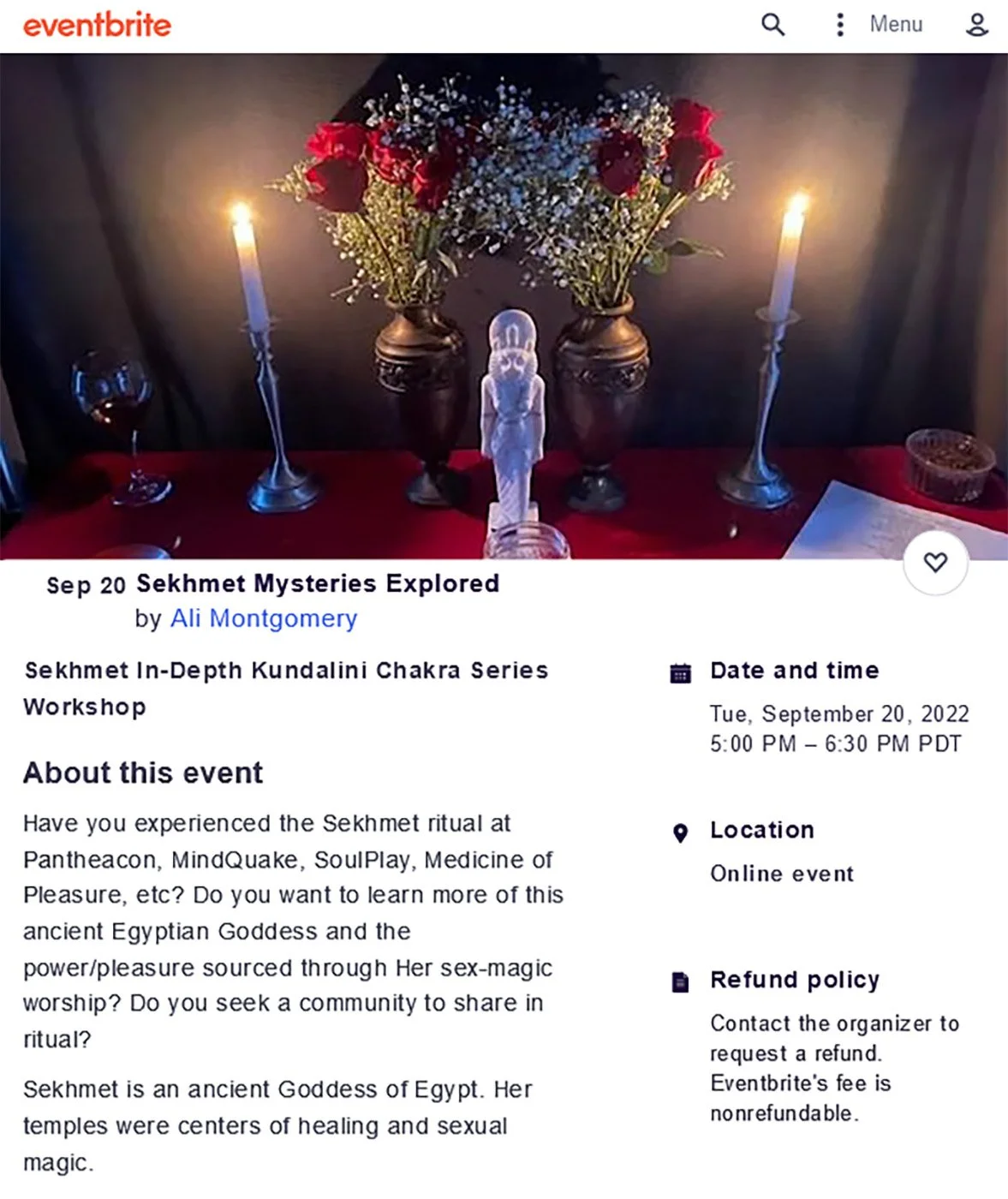 Eventbrite flyer for a past offering of the three‑part history workshop ‘Sekhmet Mysteries Explored,’ featuring an altar with a Sekhmet statue, candles, red roses, and ritual tools on a red cloth, preserved as part of the Temple Memories archive.