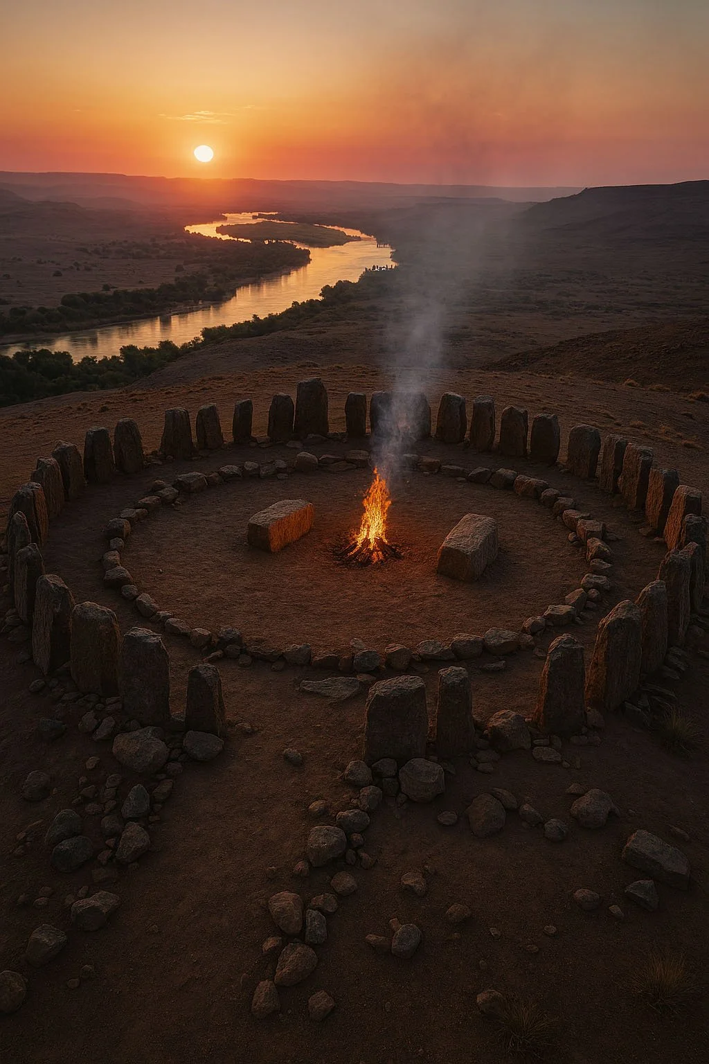 Hilltop stone‑ring temple at dusk with a central fire and two altar stones, overlooking a river and sunset.