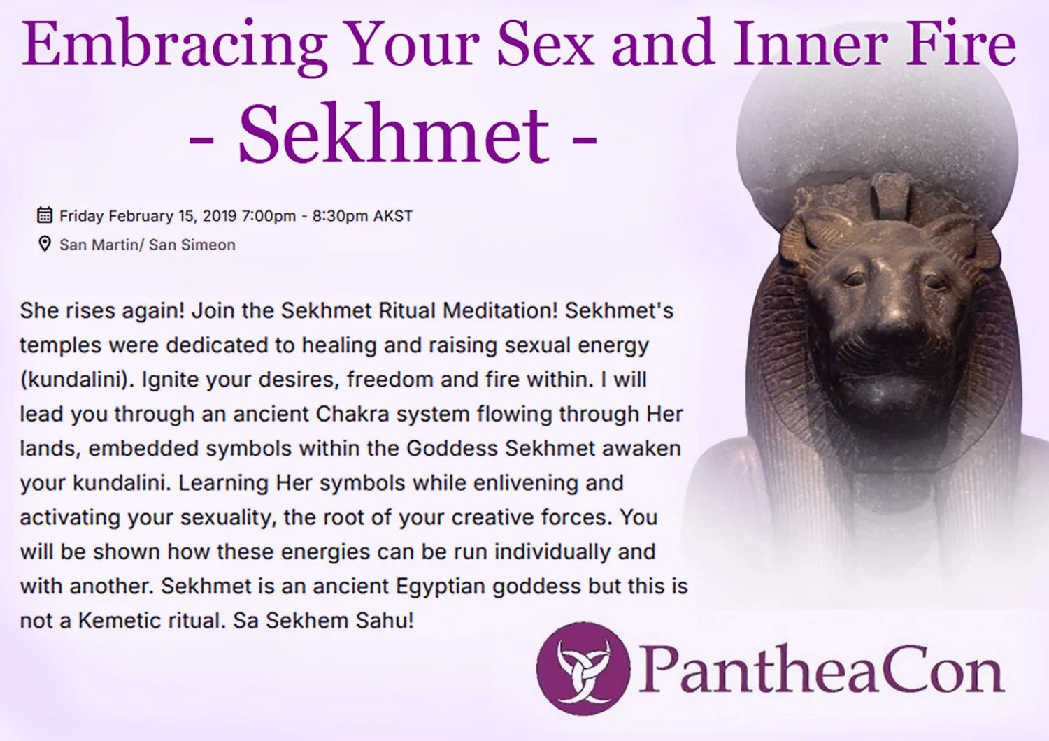 PantheaCon poster featuring a Sekhmet statue and event details for a Sekhmet ritual meditation exploring her symbols and the awakening of inner creative fire, part of the Temple Memories archive.