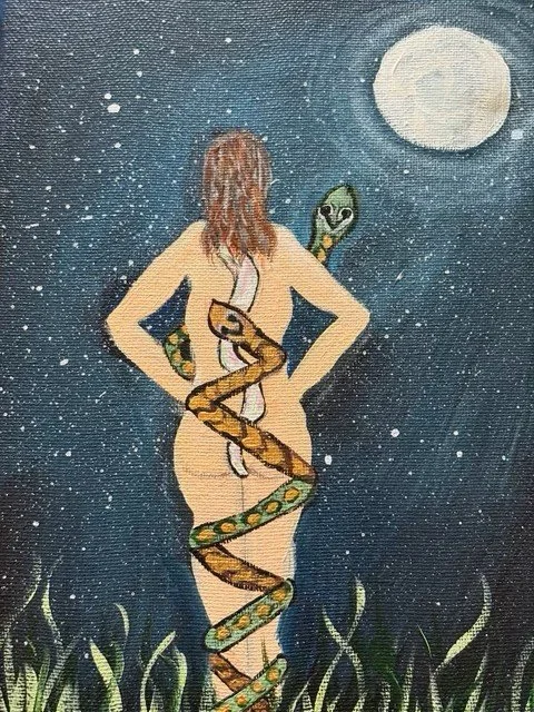 Painting of a woman with snakes along her spine and torso standing beneath a moonlit sky.