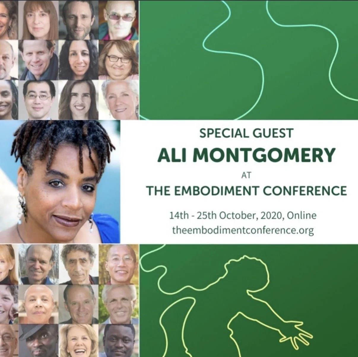 Poster for The Embodiment Conference, featuring Ali Montgomery as a special guest contributing to embodied practice and creative somatic work. The design includes her portrait centered among many speaker headshots, with abstract green line drawings o