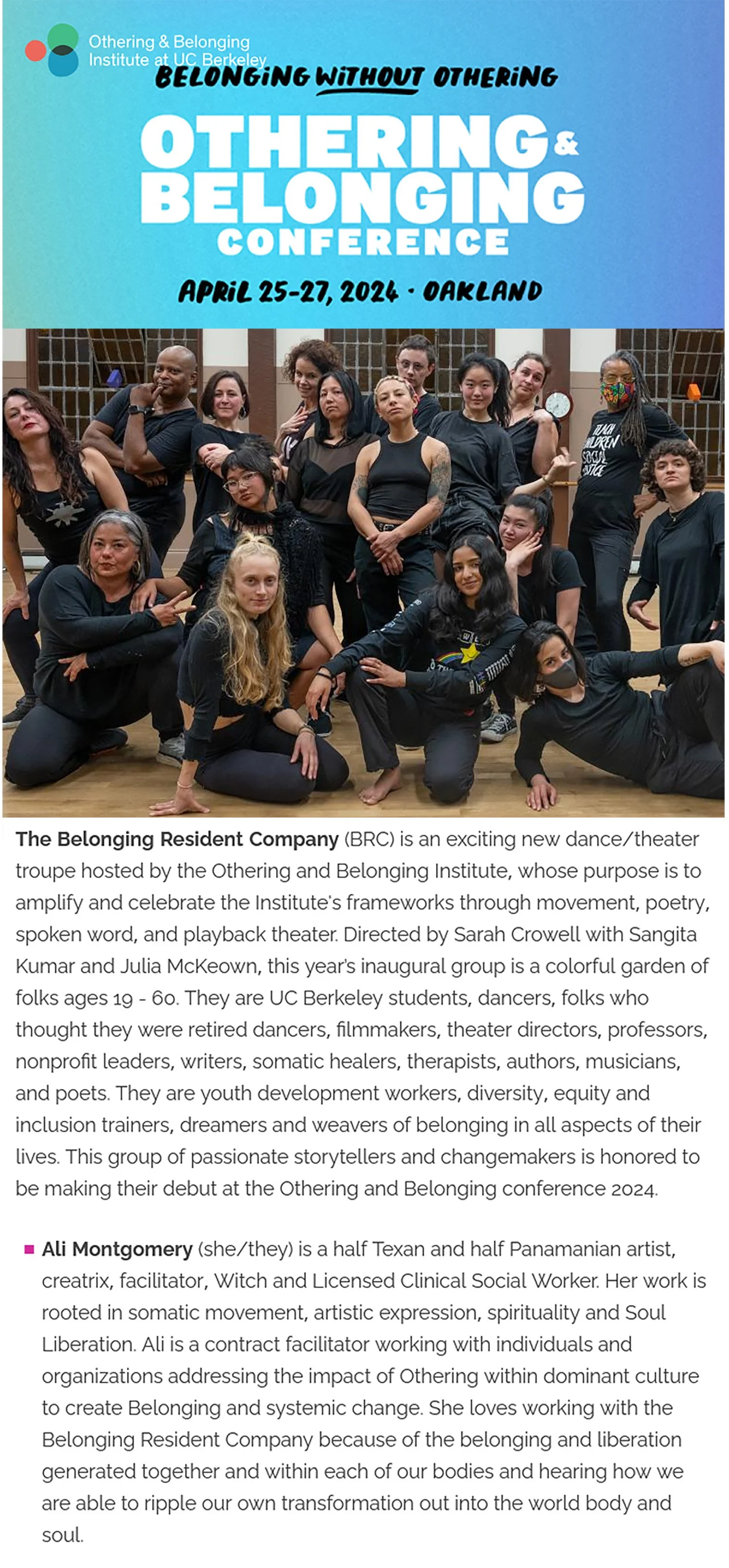 Poster for the Othering & Belonging Conference, featuring Ali Montgomery as a member of the Belonging Resident Company, a movement-based ensemble using embodied storytelling and dance to explore belonging and systemic change. The design includes a gr