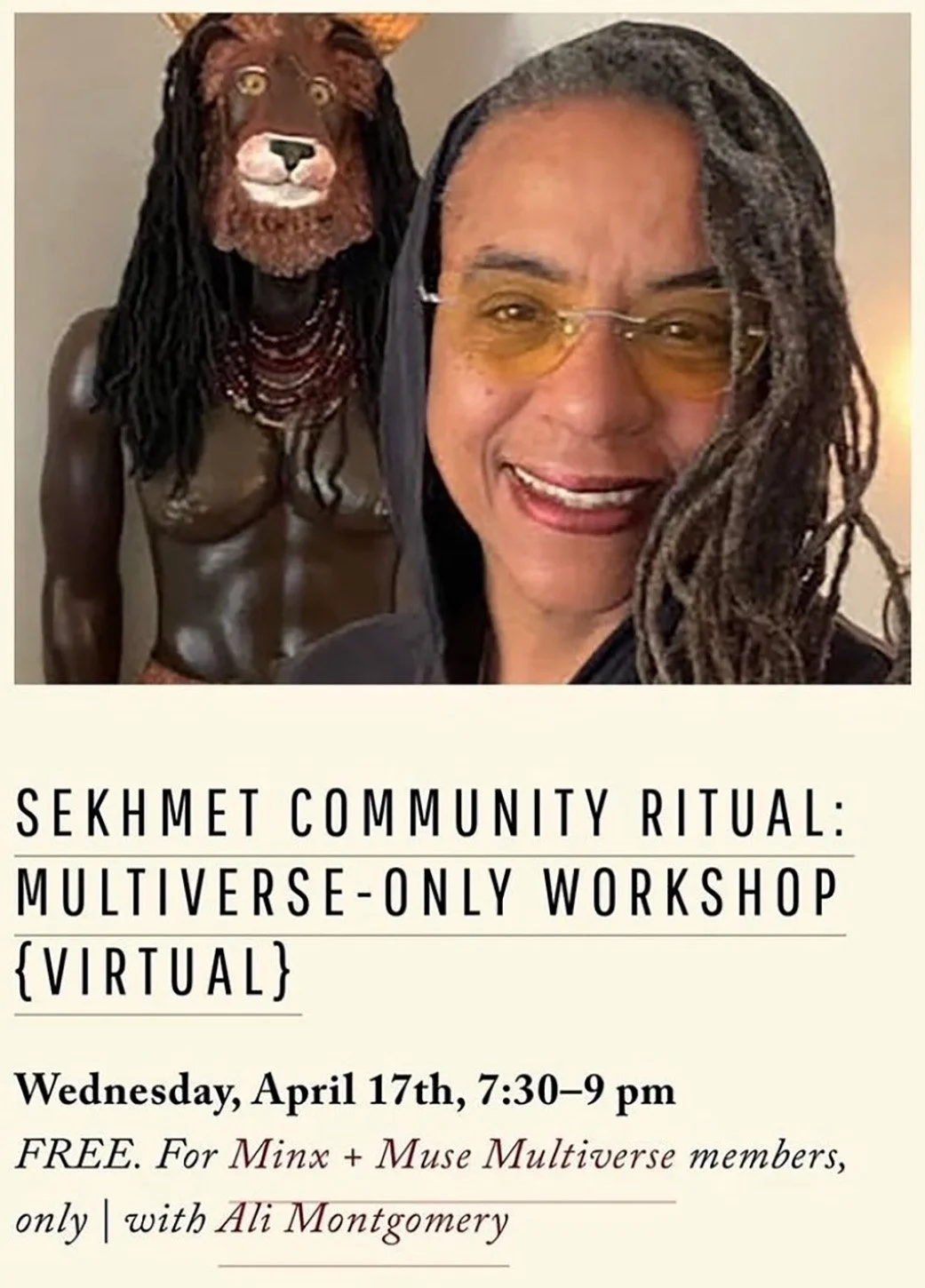 Flyer for a virtual Sekhmet Community Ritual with Priestess Ali Montgomery, showing Ali in the foreground with the Sekhmet statue behind her, part of the Sekhmet Temple Memories archive.