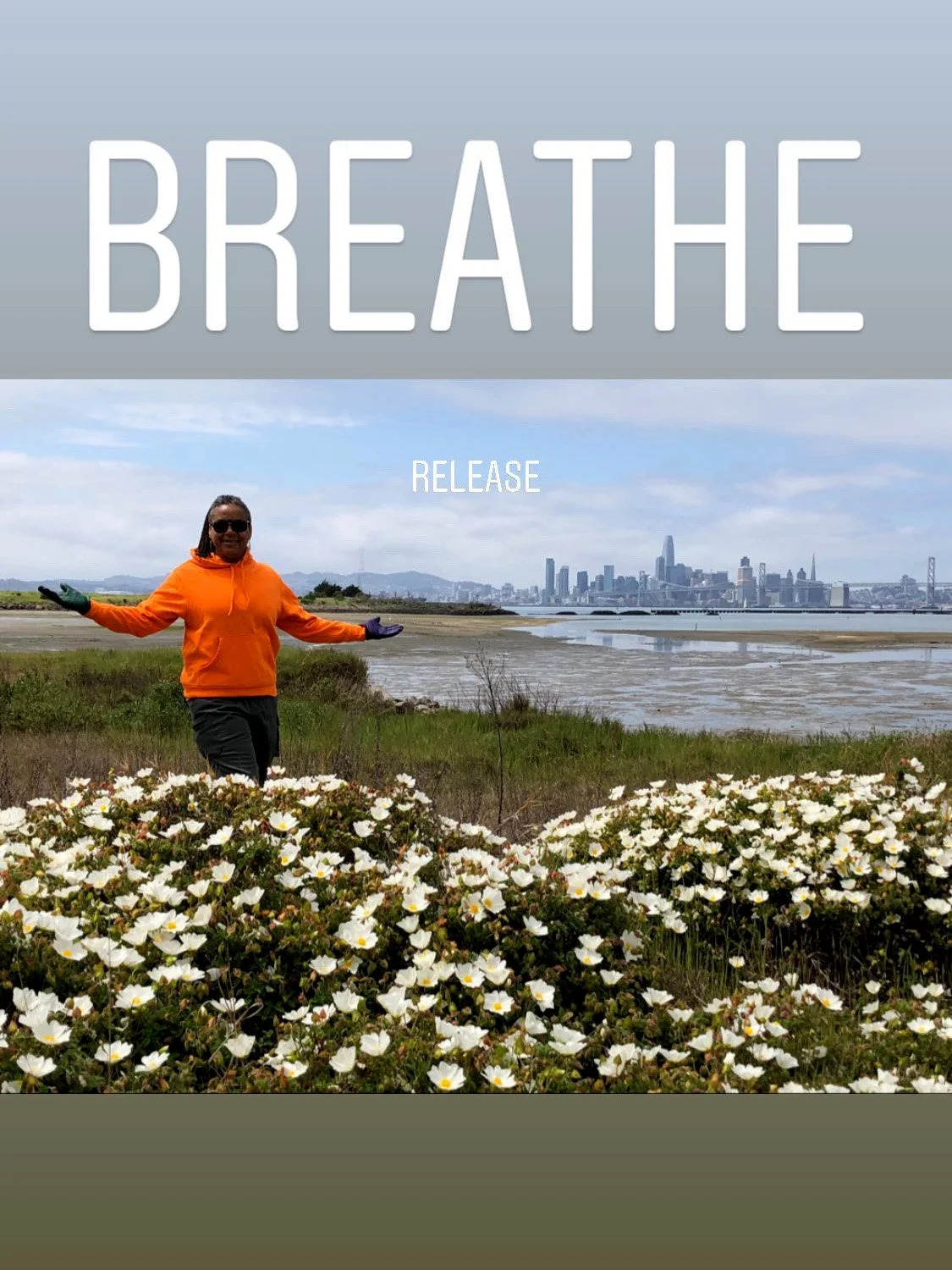 Priestess Ali Montgomery guiding the Temple into Bay Area nature to breathe and release, showing Ali standing with open arms among flowers with the words ‘BREATHE’ and ‘RELEASE,’ part of the Sekhmet Temple Memories archive.