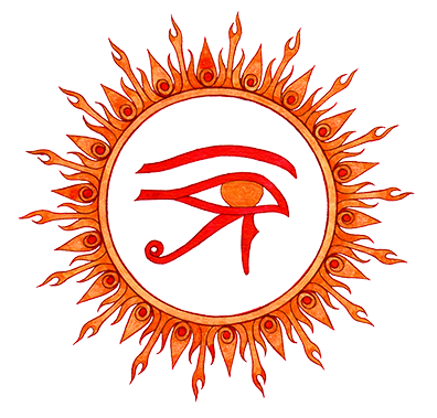 A stylized red‑orange Udjat Eye of Ra inside a circular sun‑flame design, used as the Sekhmet Temple logo.