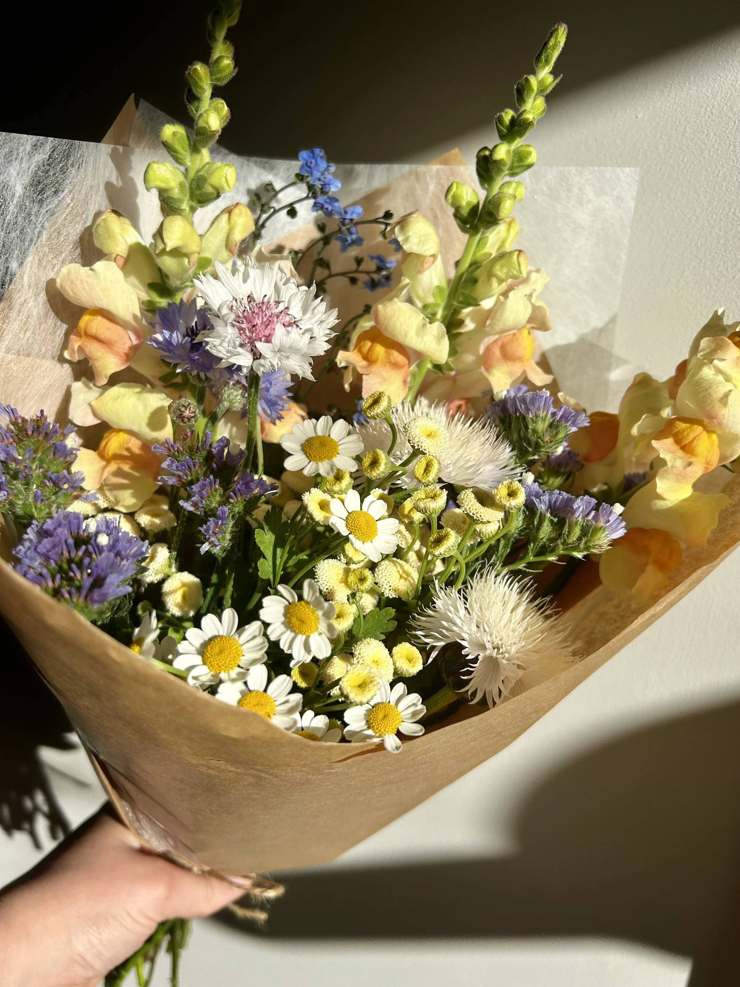 Bouquet of fresh assorted wildflowers including daisies, cornflowers, chamomile, and snapdragons wrapped in brown paper.