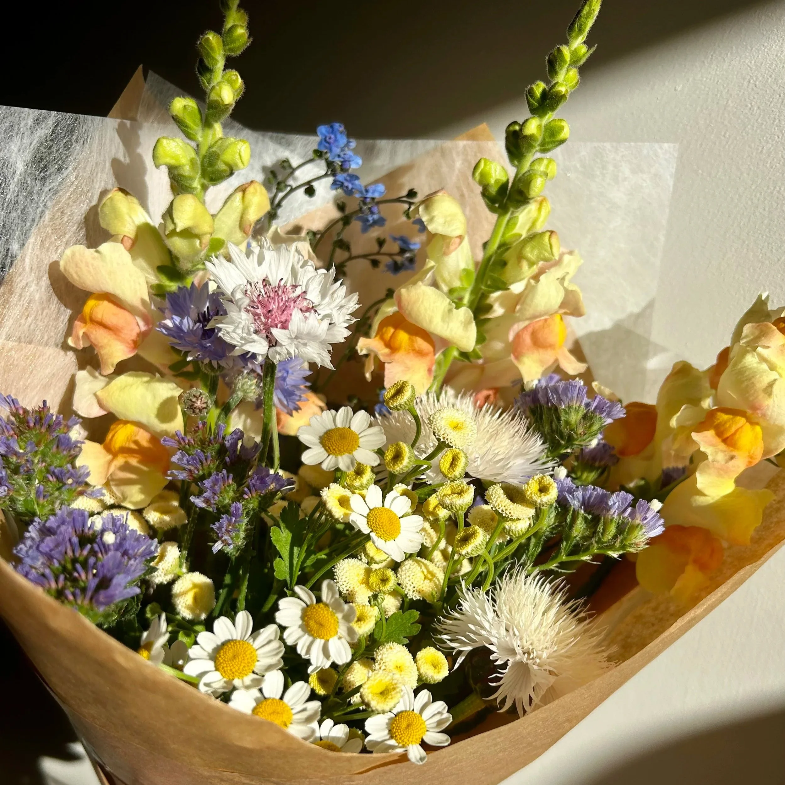 Colorful flower arrangement with white, yellow, purple, and pink flowers wrapped in brown paper.