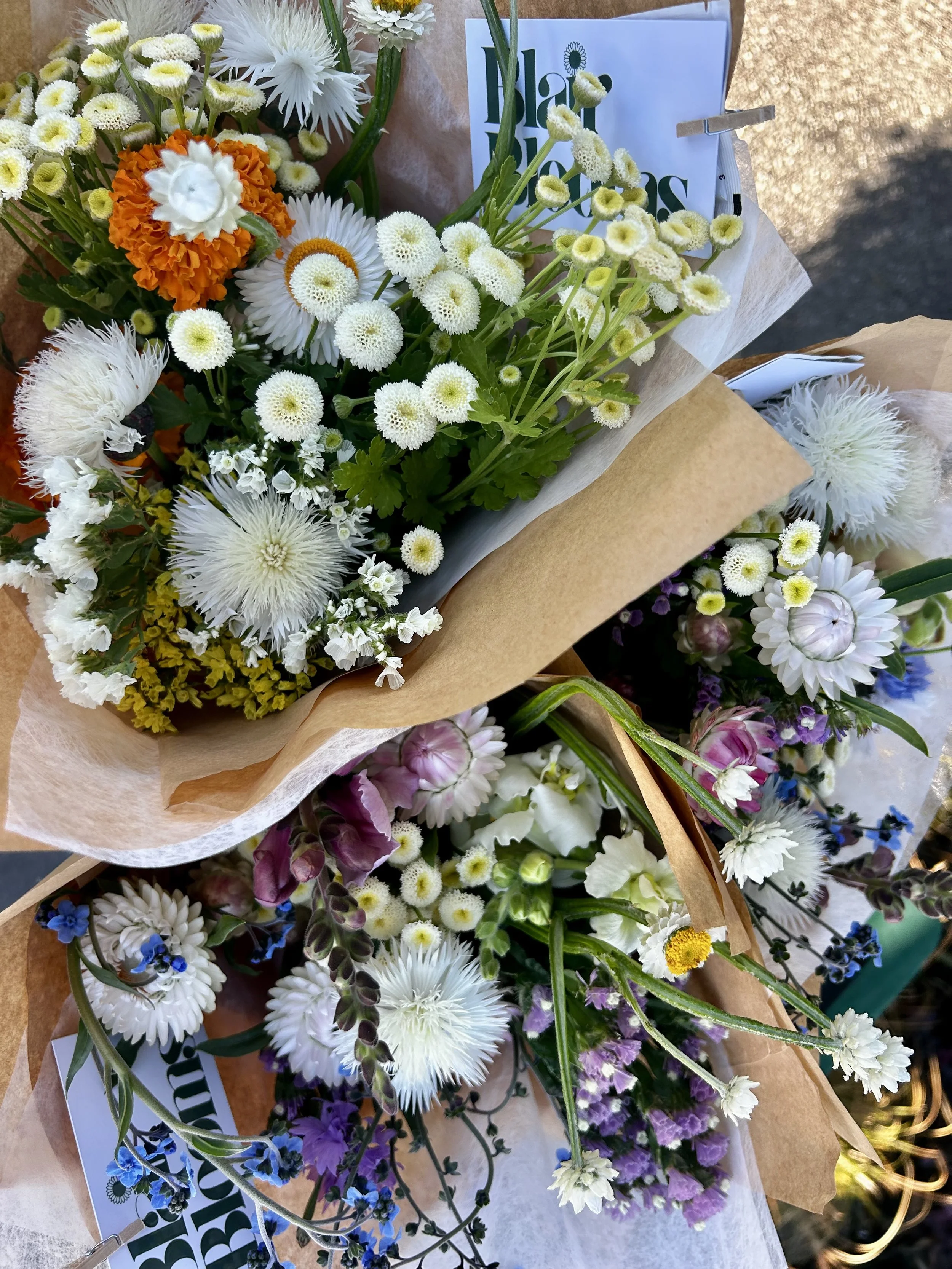 Two bouquets of mixed flowers wrapped in brown paper with white tissue, featuring white, purple, yellow, orange, and blue flowers.