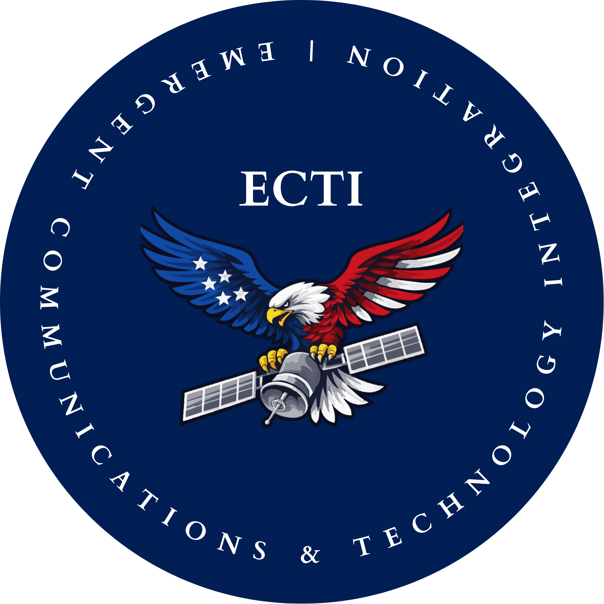 Logo for Emerging Communications and Technology Integration (ECTI), featuring an eagle with red, white, and blue wings, holding a satellite with solar panels.