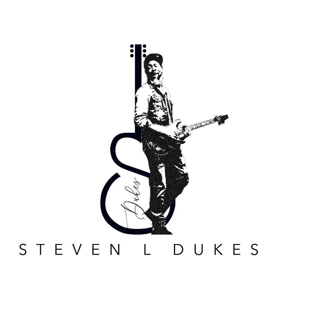 Black and white graphic of a man holding a guitar, standing next to a stylized inverted guitar shape with the signature 'Dukes' inside. Text below reads 'Steven L Dukes.'