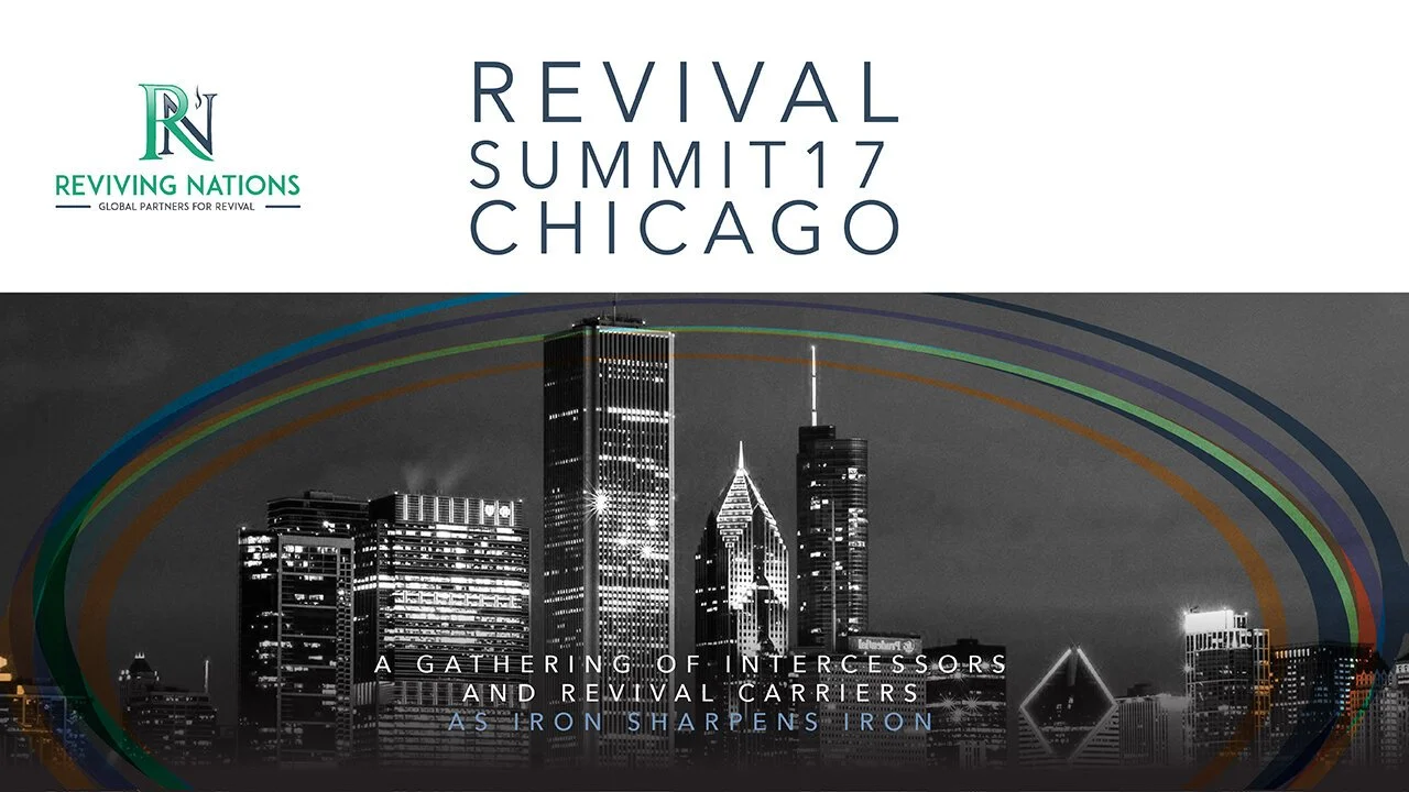 Event promotional image for Revival Summit 17 in Chicago featuring a nighttime cityscape of Chicago with tall skyscrapers, including the Willis Tower. The top section has event title and logos, and the bottom section has text highlighting the gatheri