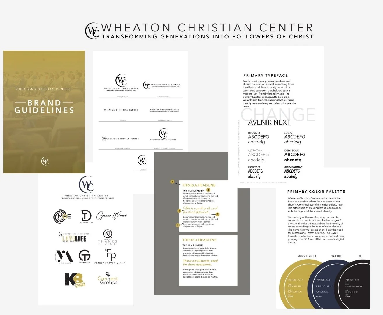 Brand guidelines for Wheaton Christian Center, featuring their logo, typography styles, primary color palette, and branding elements.