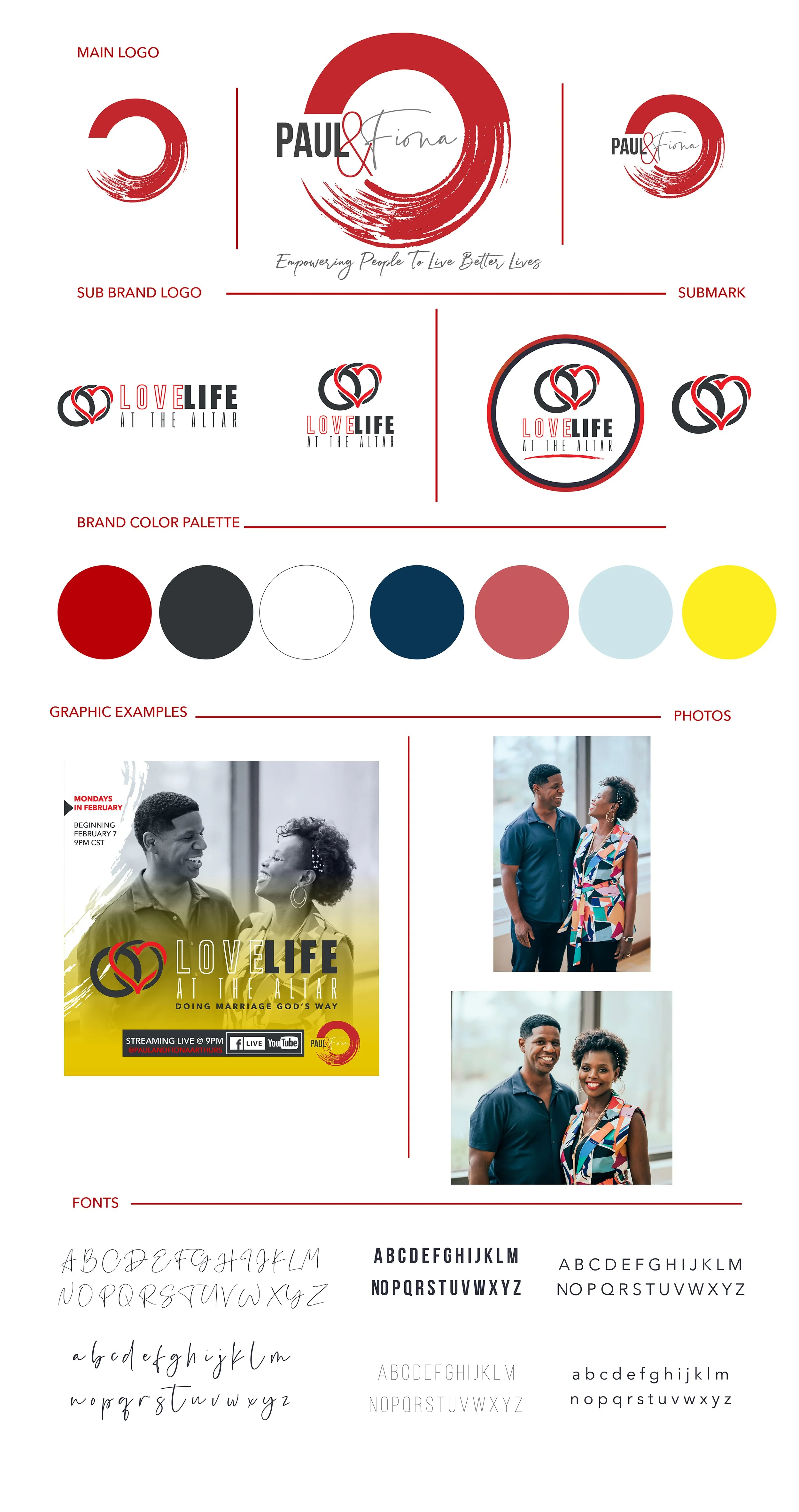 Design guide for a brand called Paul & Fiona with a red, black, white, blue, pink, light blue, and yellow color palette. The guide includes logos, graphic examples with photos of a smiling couple, and font styles.
