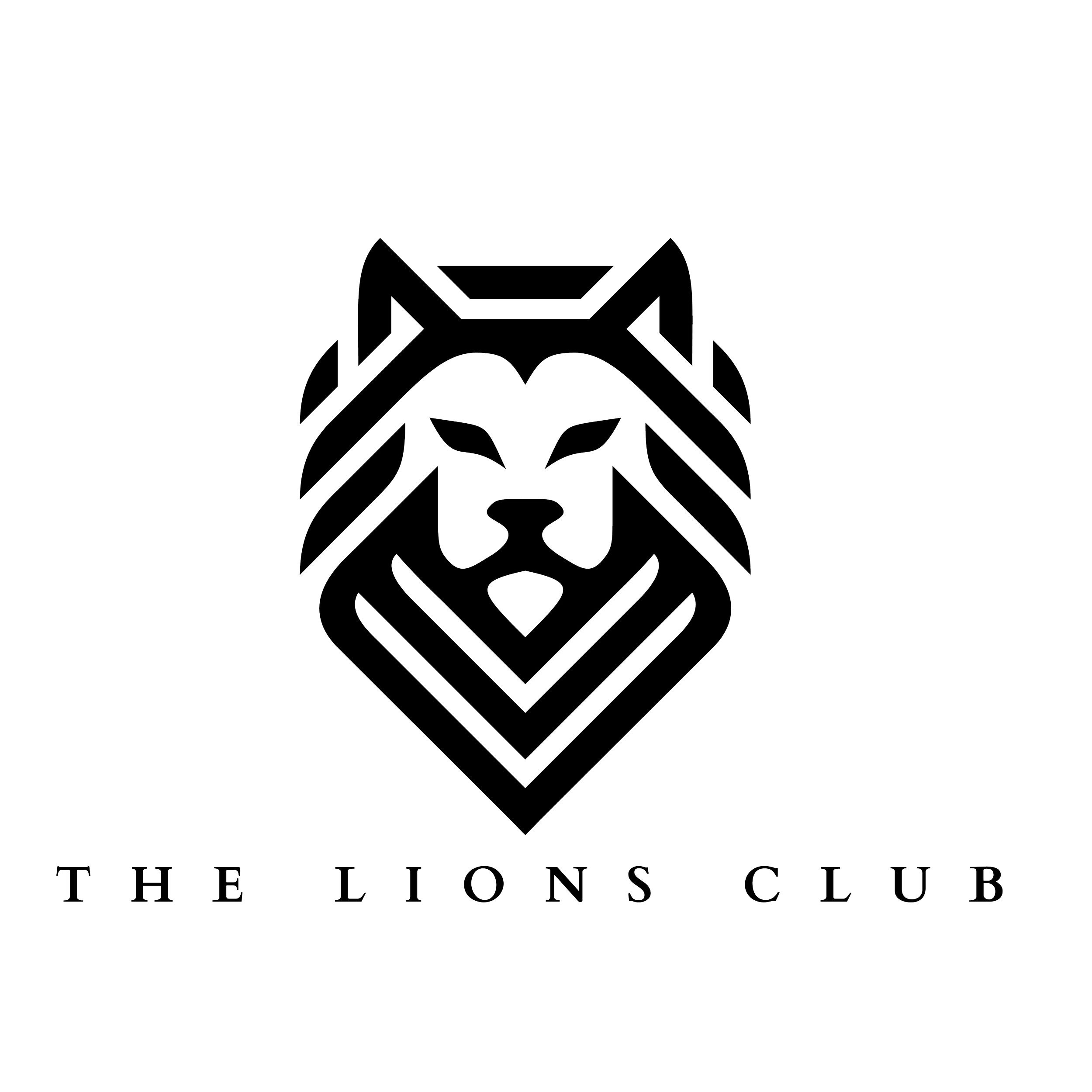 Black background with a white line art outline of a lion's face, styled with geometric lines, and the text 'THE LIONS CLUB' beneath it.