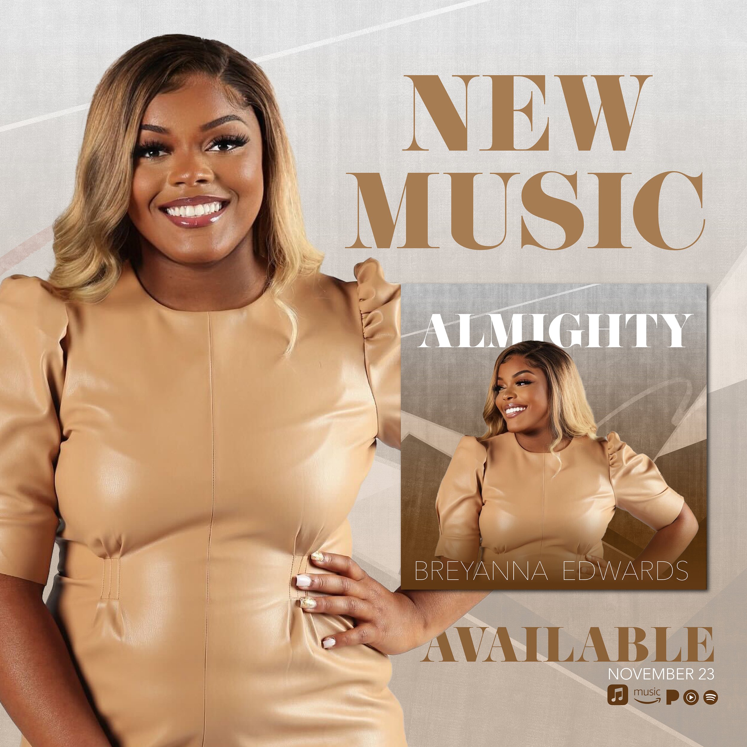 Promotional poster featuring Breayanna Edwards, smiling woman with shoulder-length hair wearing a tan leather dress, advertising her new music album titled "Almighty," available on November 23, with music platform icons at the bottom.