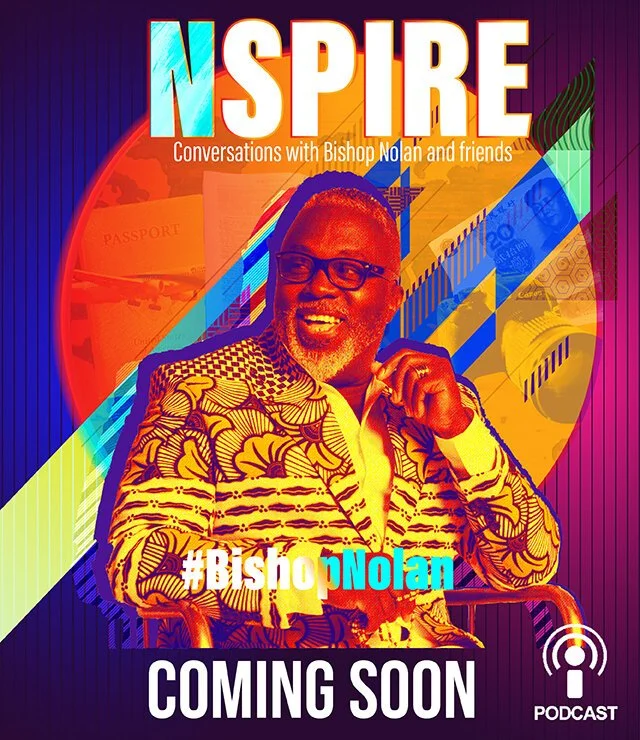 Excited man with glasses and a patterned blazer, sitting and smiling, with colorful abstract background including travel-related elements like a passport, airplane, and camera, promoting the upcoming podcast '#BishopNolan' titled 'N Spire' with the s